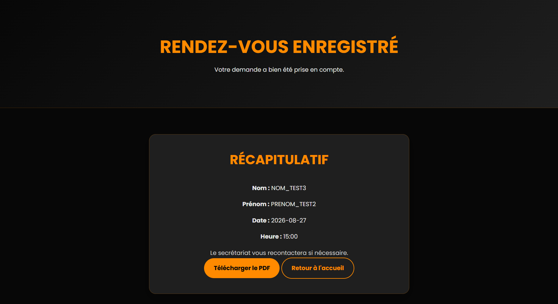 Confirmation après l'enregistrement d'un rendez-vous
