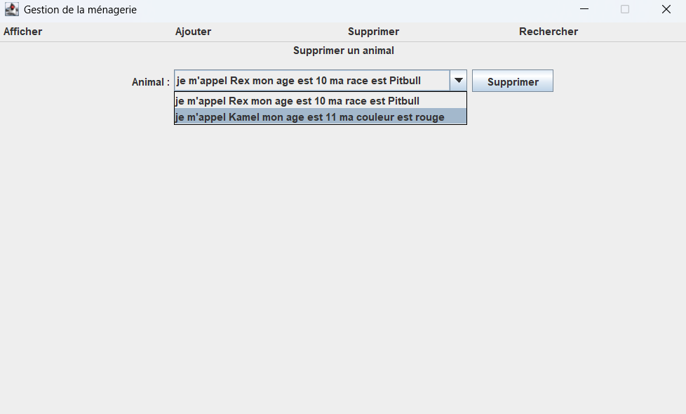 Liste permettant de supprimer un animal